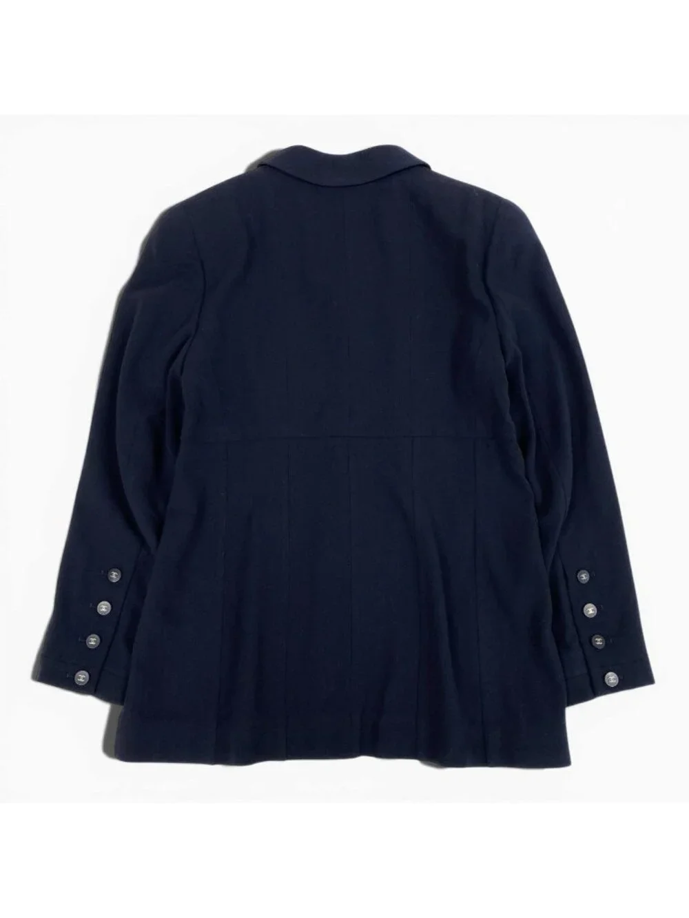 Chanel Vintage Long Tailored Jacket CC Logo Button 42 Dark Navy Wool